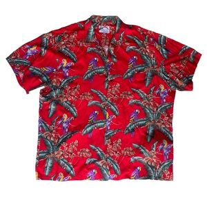 Vintage Paradise Found Hawaiian Shirt Mens 2XL Red Magnum PI Parrot
